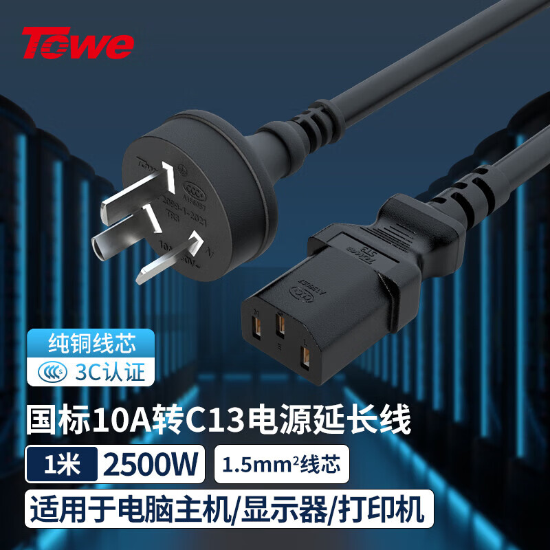 TOWE同为国标直头10A转C13线1.5平电脑电源线服务器电源线TW-F-G10Z/C13 1M