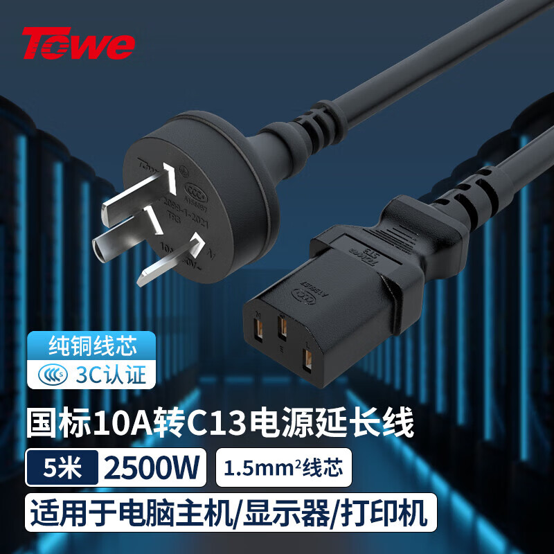 TOWE同为国标直头10A转C13线1.5平电脑电源线服务器电源线TW-F-G10Z/C13 5M