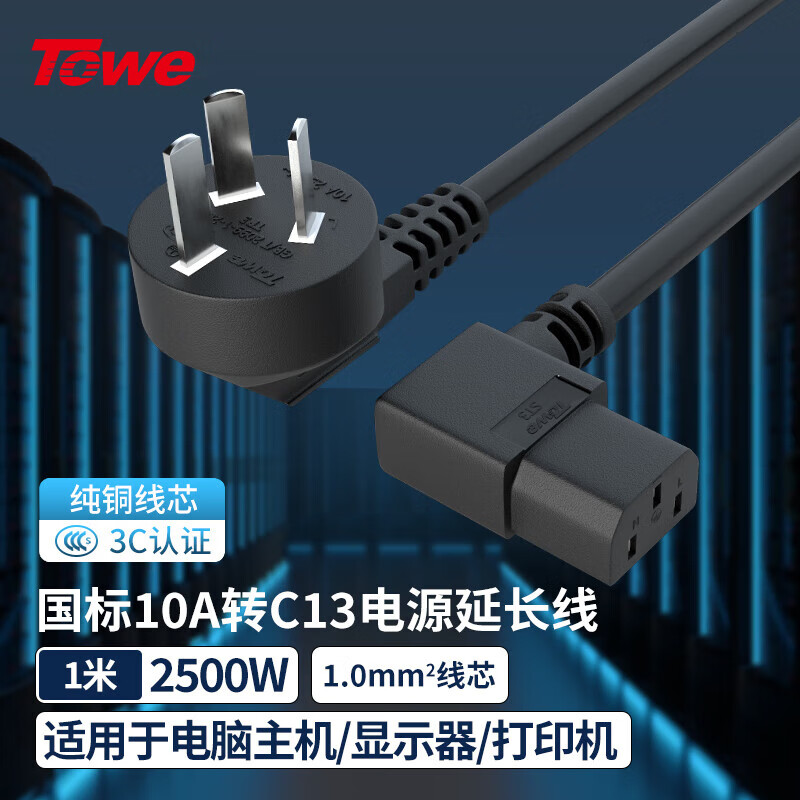 TOWE同为国标双弯头10A转C13线1.0平电脑电源线服务器电源线TW-F-10G10/C13W 1M