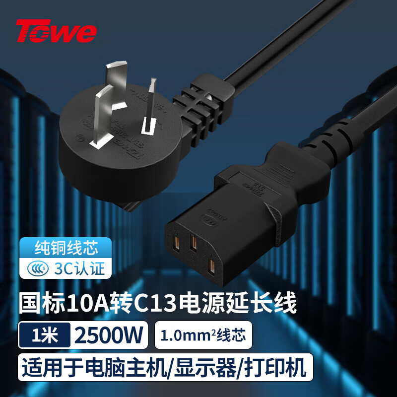 TOWE同为国标弯头10A转C13线1.0平电脑电源线服务器电源线TW-F-10G10/C13 1M