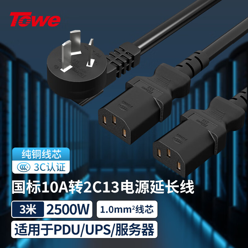 TOWE同为国标10A转2C13国标品字尾一分二电源线10A转2C13 电脑 服务器电源线TW-F-10G10/2C13 3M